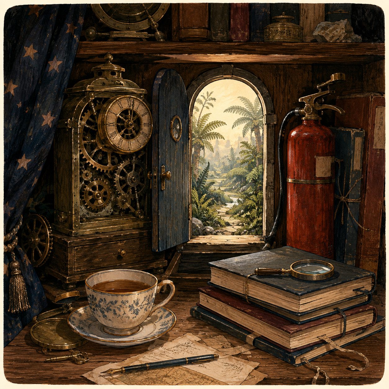 Fan illustration of a clockwork archive shelf with a tiny doorway to a fern-filled past