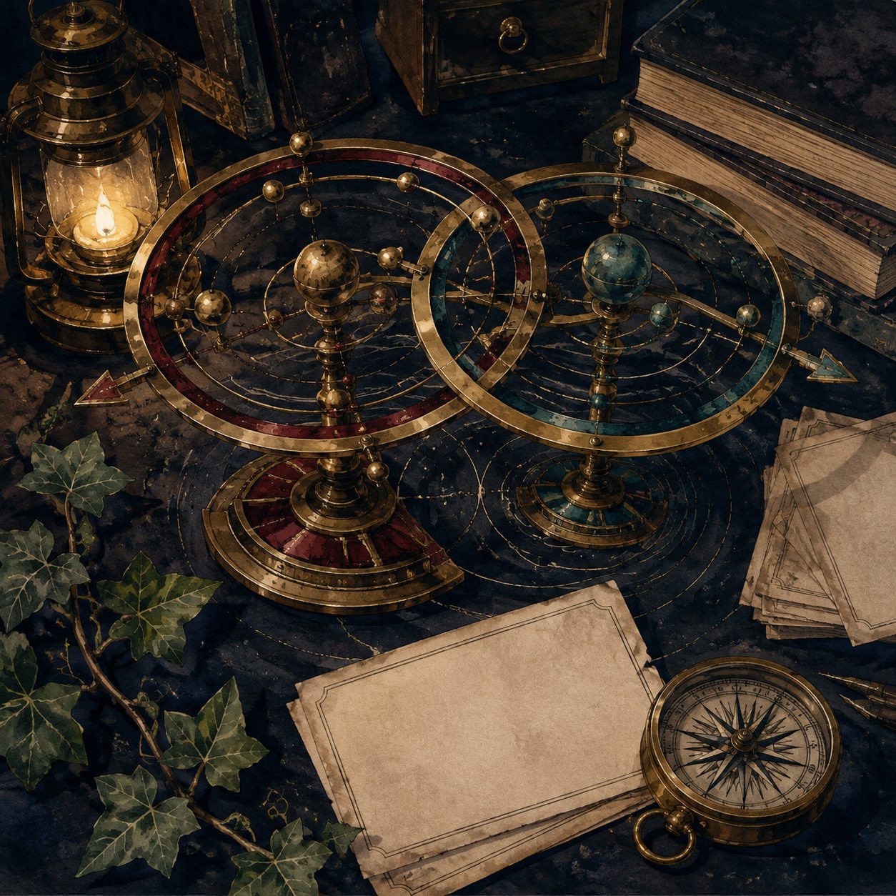 Fan illustration of two brass timeline instruments intertwined on an archive desk